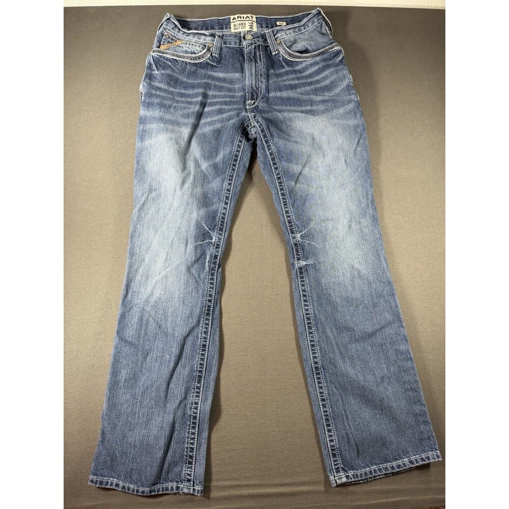 Ariat M4 Jeans Mens 34x34 Relaxed Bootcut Dark Wash Stretch Denim Whiskers